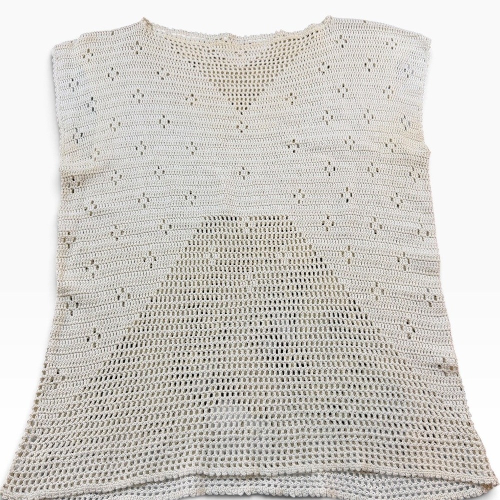 Vintage Cream Crochet Sleeveless Top Boho Diamond Open Knit Tank Vest Beach S/M